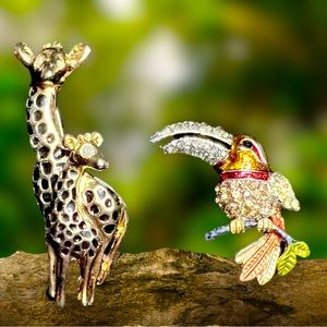 Vintage Pair Of Brooches, Mother and Baby Giraffe And Rhinestone Toucan Pins